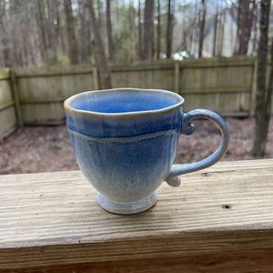 NWT Ceramic Blue Tan 17oz Scroll Handle Pottery Mug